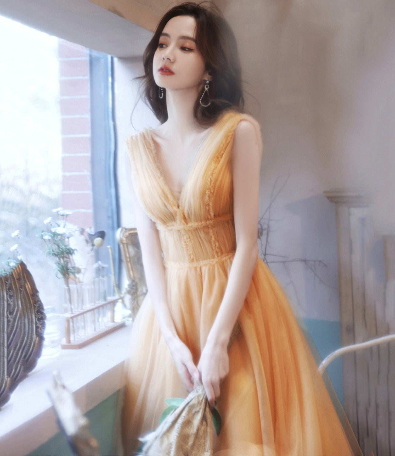 Yellow tulle short A line prom dress yellow evening dress 8933