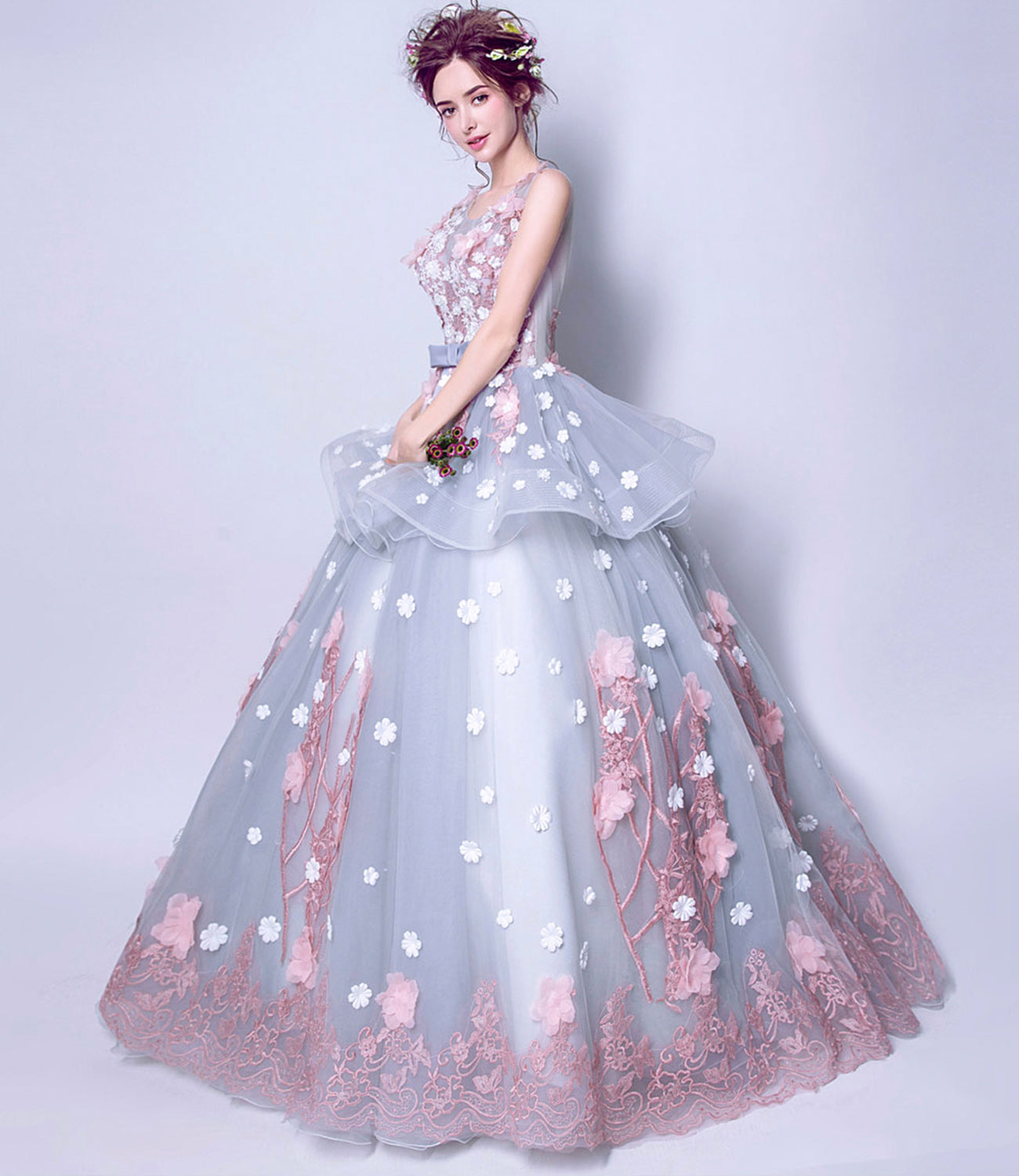 Blue tulle applique long ball gown dress formal dress 8922