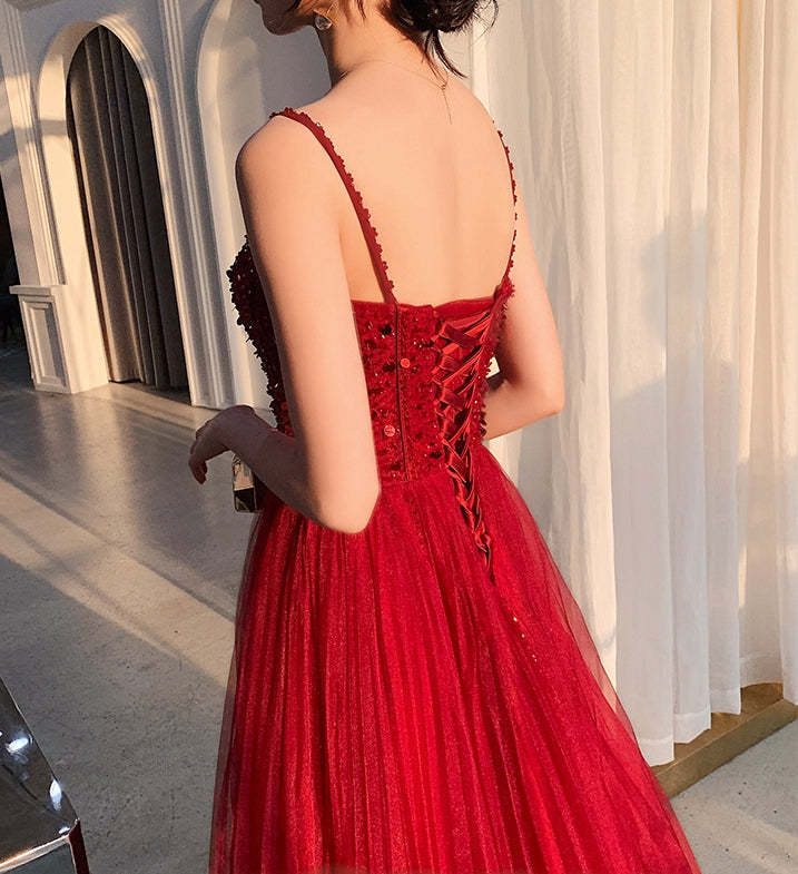 Cute sweetheart neck tulle beads long prom dress, formal dress 7965