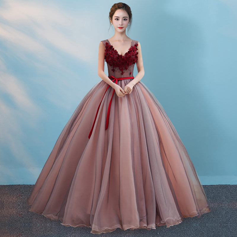 A line v neck lace tulle long prom dress, evening dress 7996