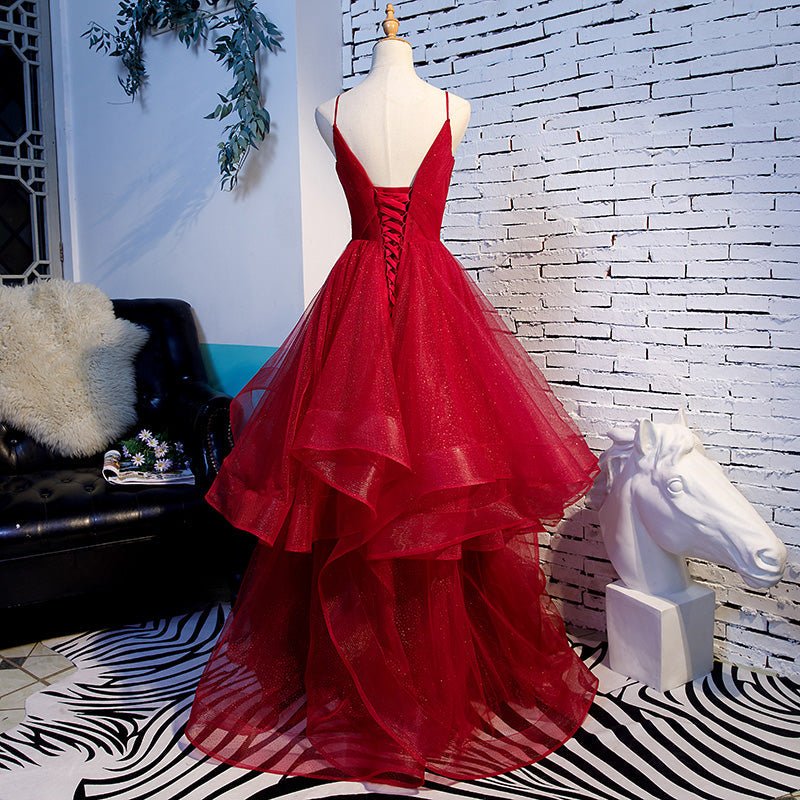 Burgundy v neck tulle long prom dress, evening dress 7985