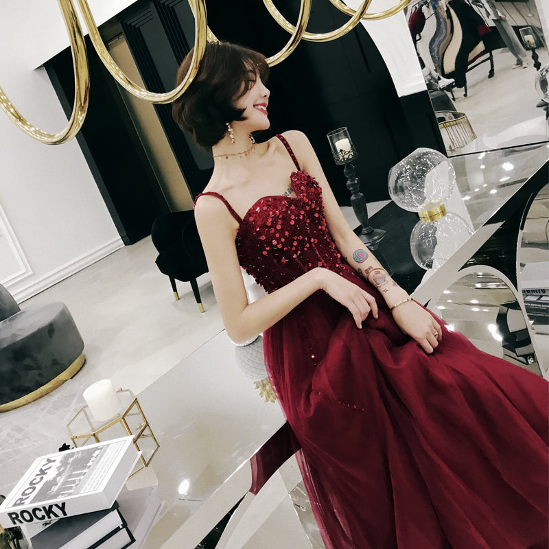 Burgundy sweetheart neck tulle long prom dress, evening dress 7971