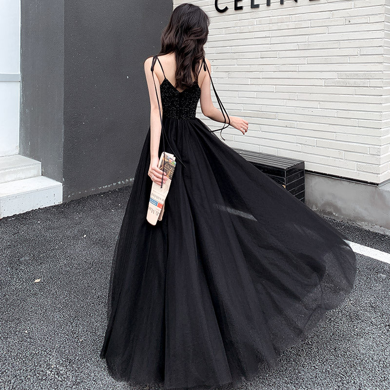 Black tulle beads long prom dress, black evening dress 8028