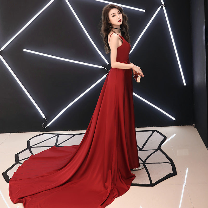 Burgundy v neck chiffon long prom dress, evening dress 7905