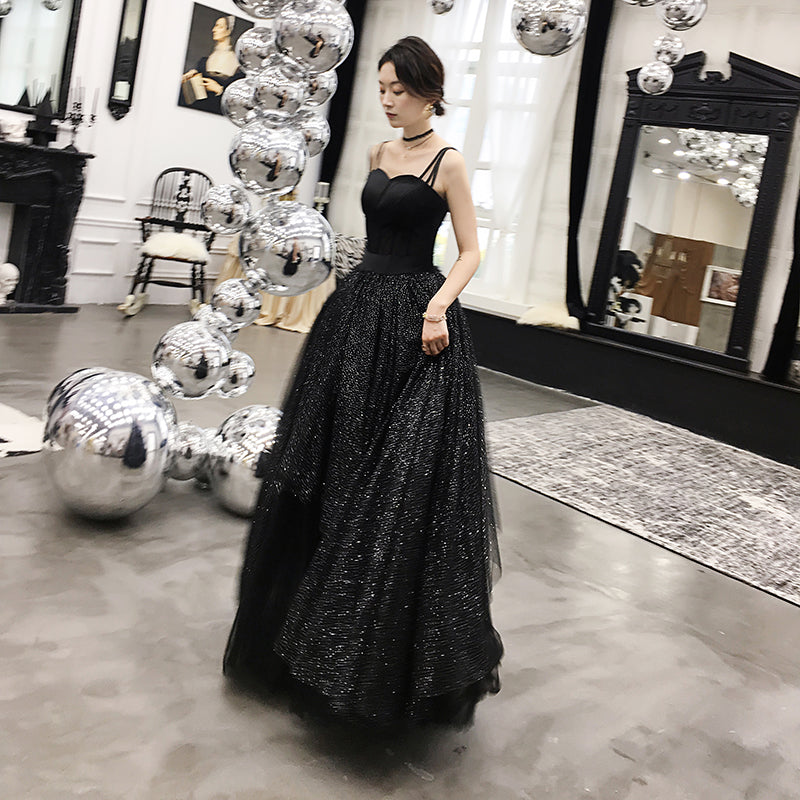 Black sweetheart neck tulle long prom dress, black dress 8079