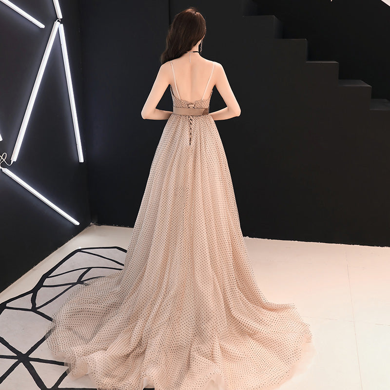 Stylish v neck tulle long prom dress, evening dress 7908
