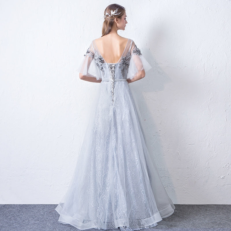 Gray round neck tulle lace long prom dress, evening dress 7942