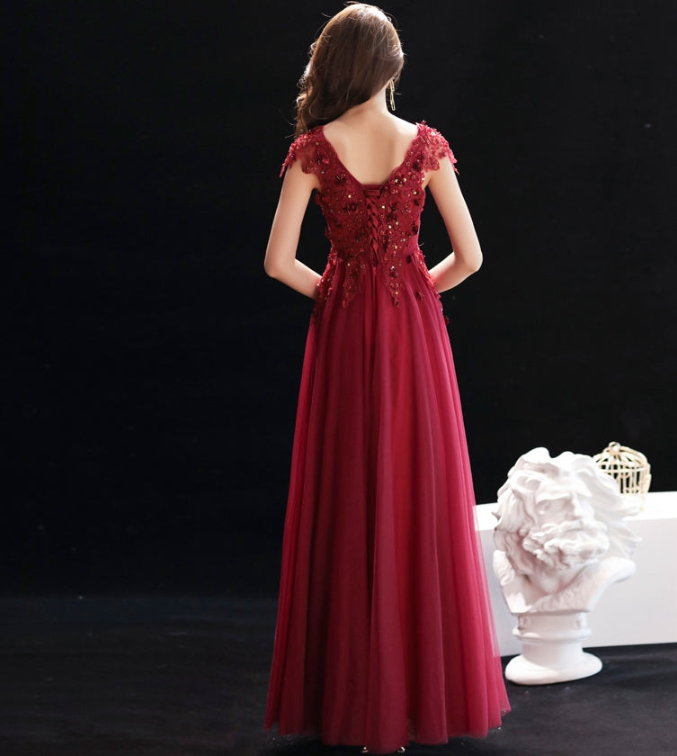 Burgundy v neck lace sequins long prom dress, evening dress 7968