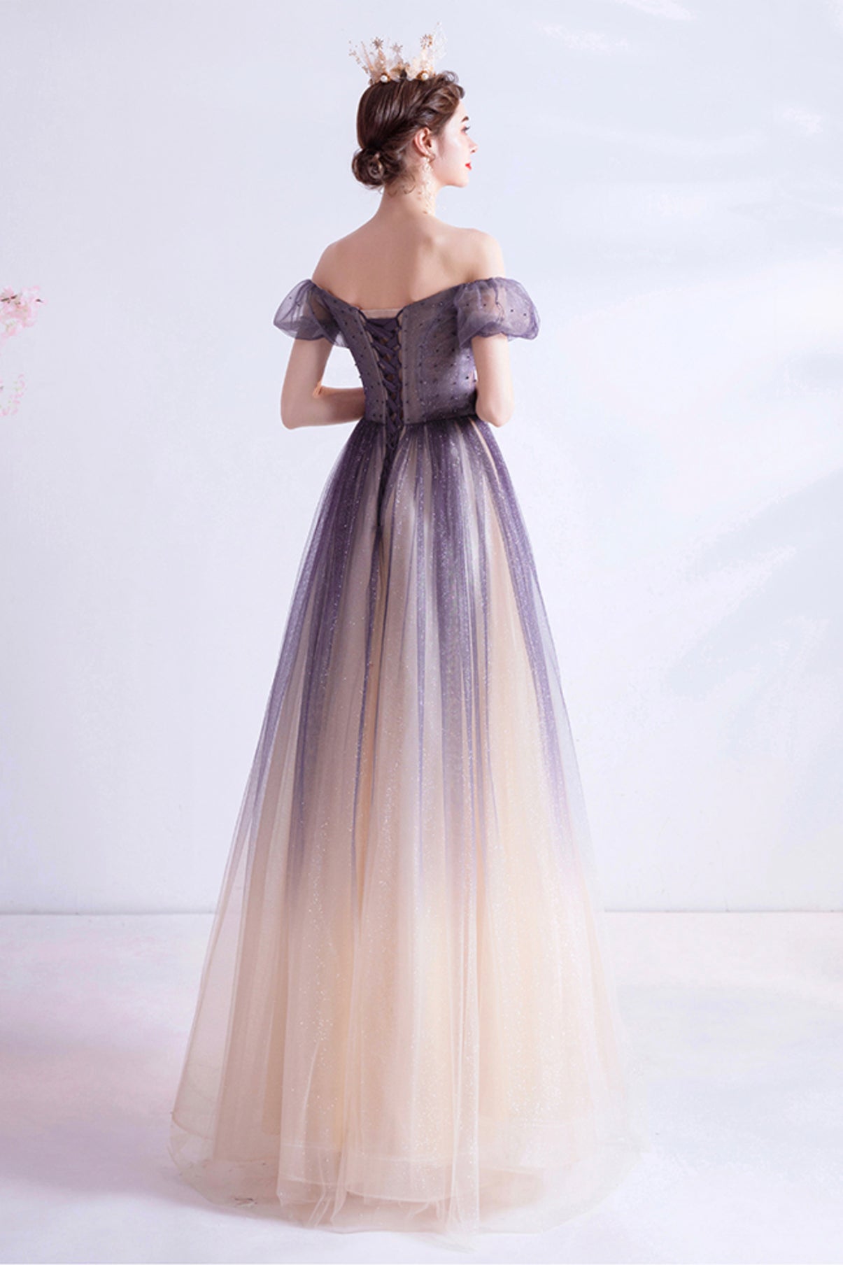 Purple tulle long A line prom dress evening dress 8771