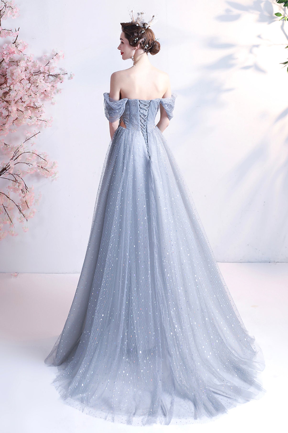 Gray tulle long A line prom dress gray evening dress 8770