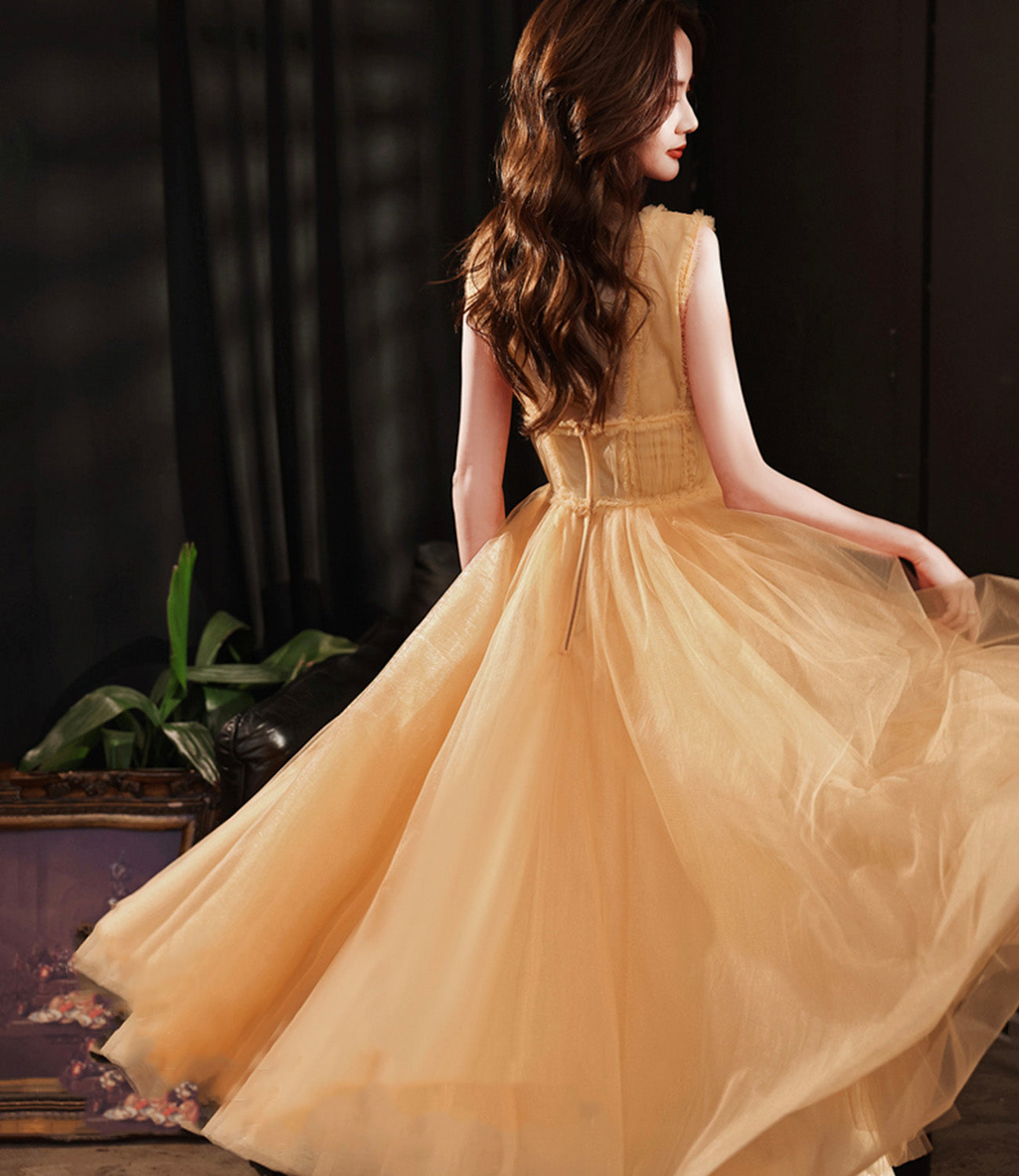 Yellow tulle short A line prom dress yellow evening dress 8933