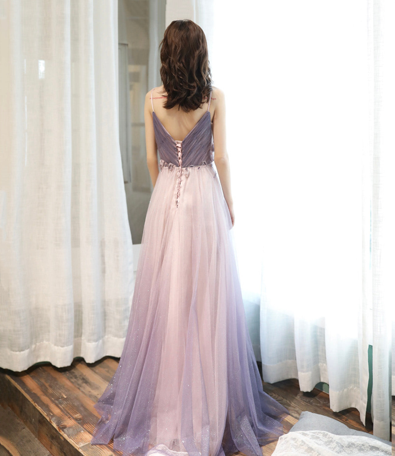 Purple tulle long A line prom dress purple evening dress 8926