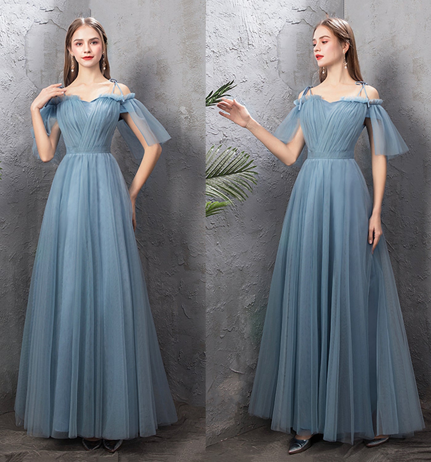 Blue tulle long prom dress A line evening dress 10024