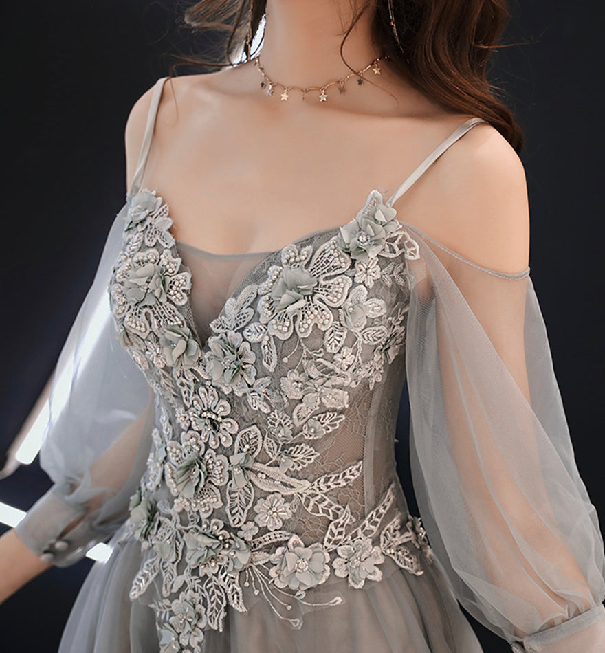 Gray tulle lace long A line prom dress evening dress 8477