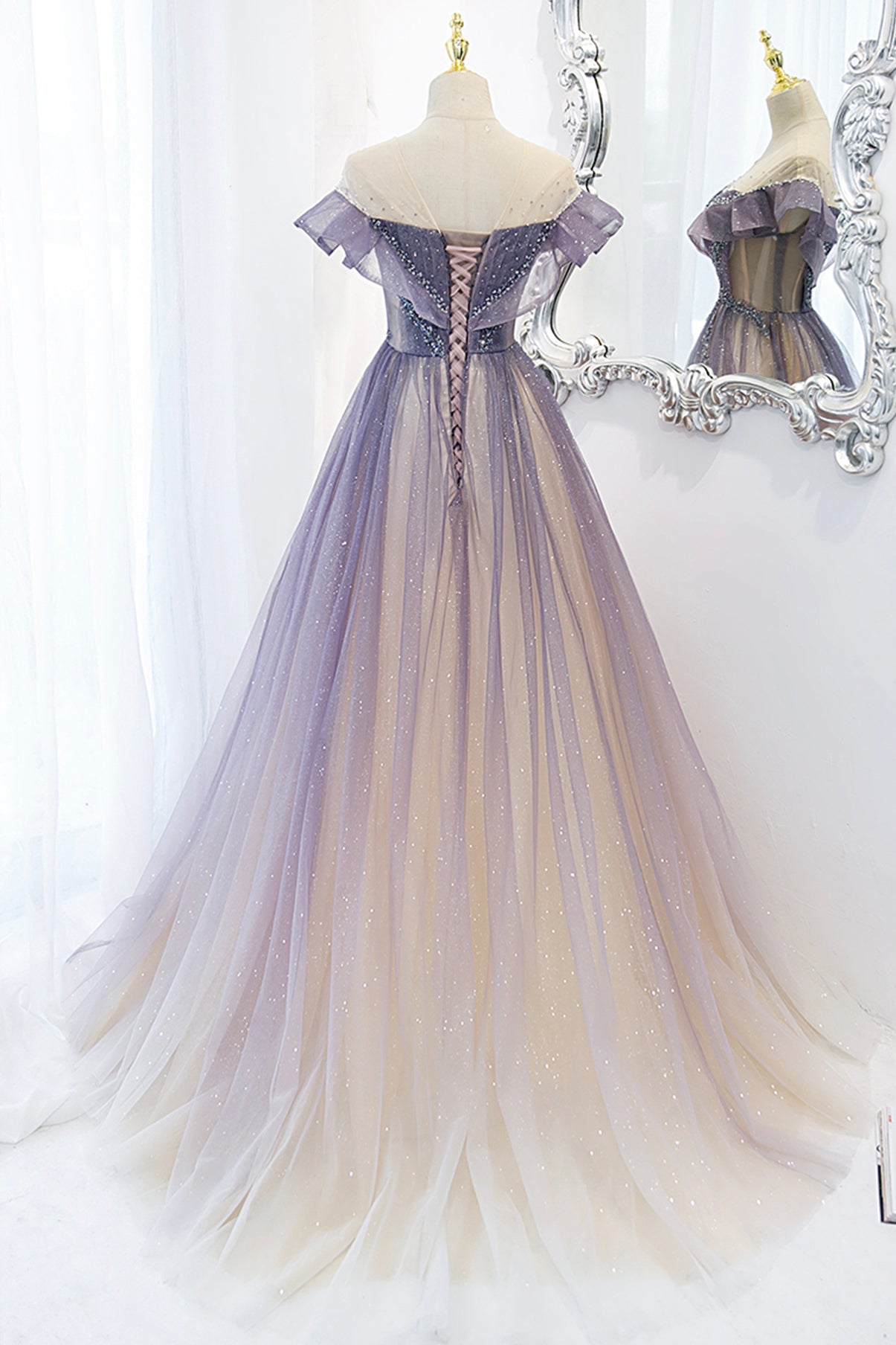 Purple tulle long A line prom dress evening dress 8733
