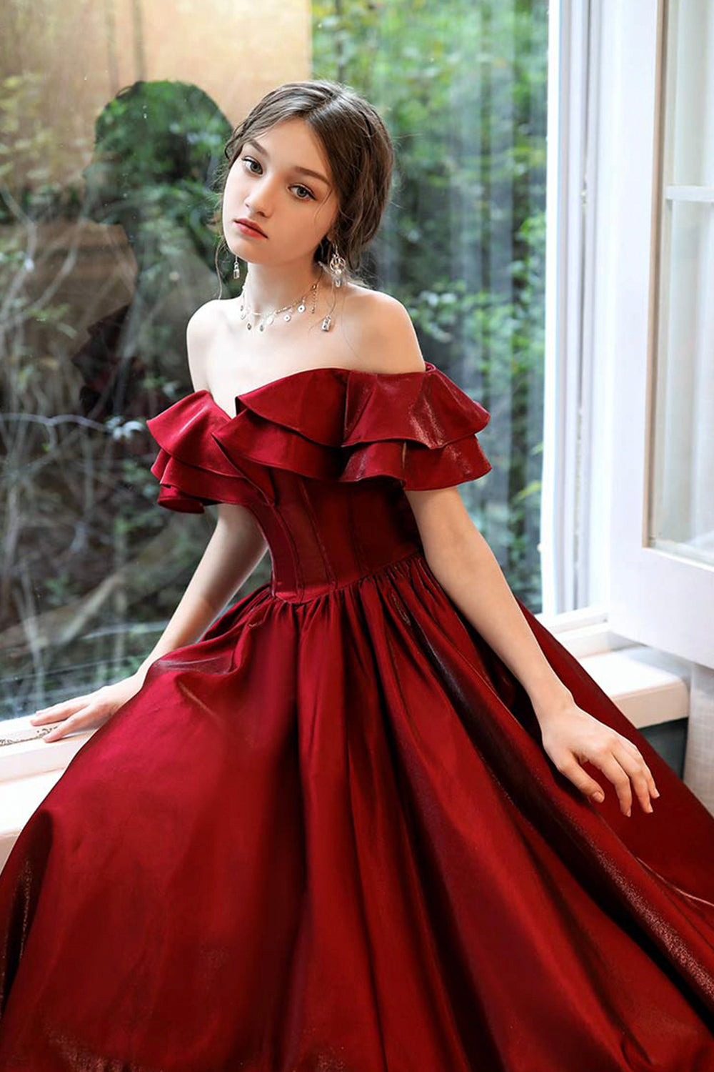 Burgundy satin long prom dress evening dress 8510