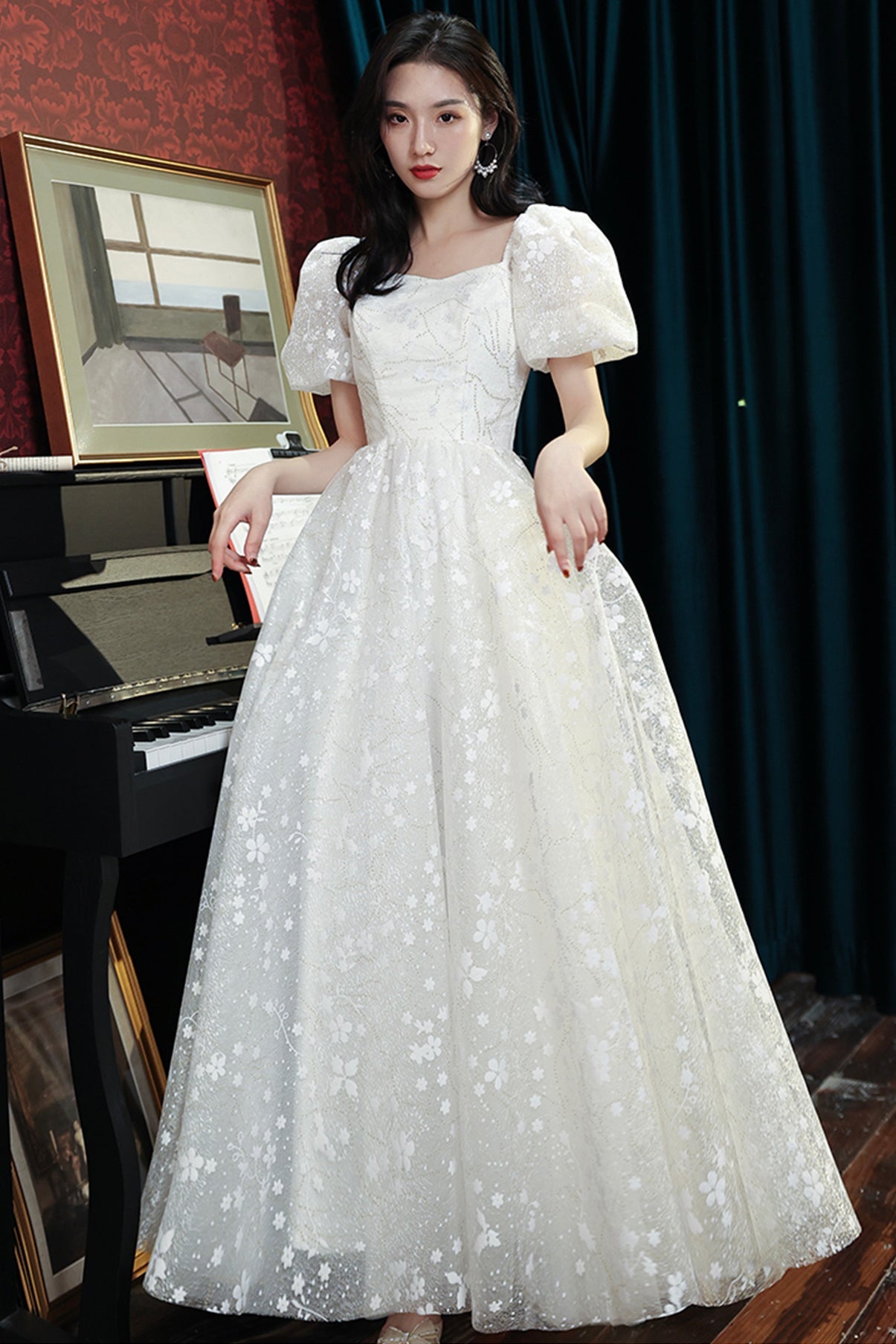 Sweet A line sequins long prom dress white evening dress 8675