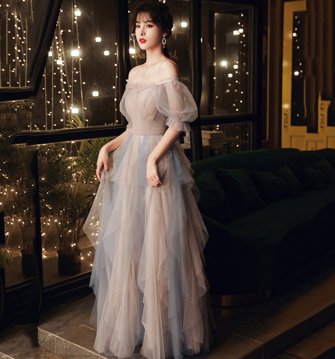 Cute tulle long A line prom dress evening dress 8905
