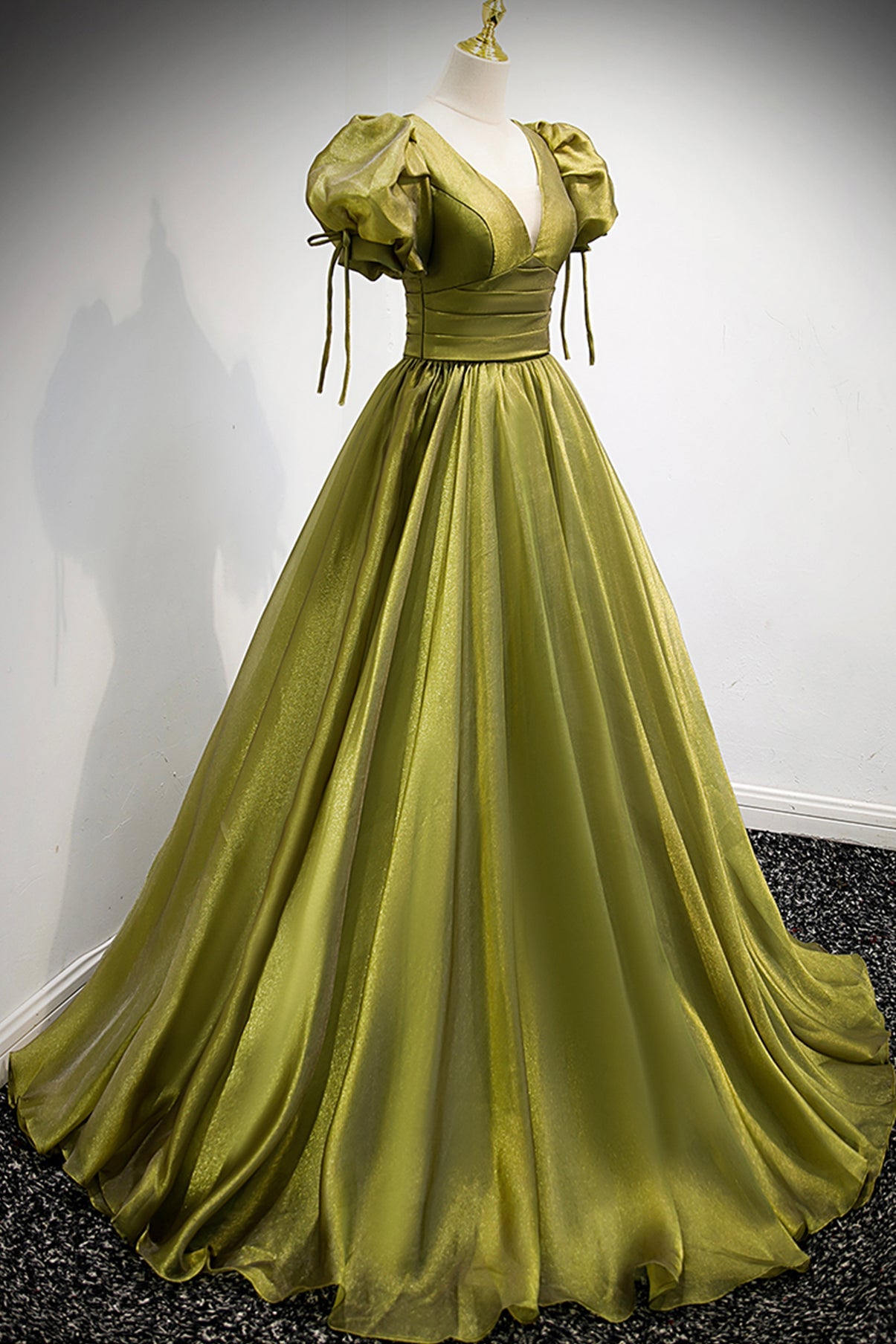 Green v neck tulle long prom dress A line evening dress 8878