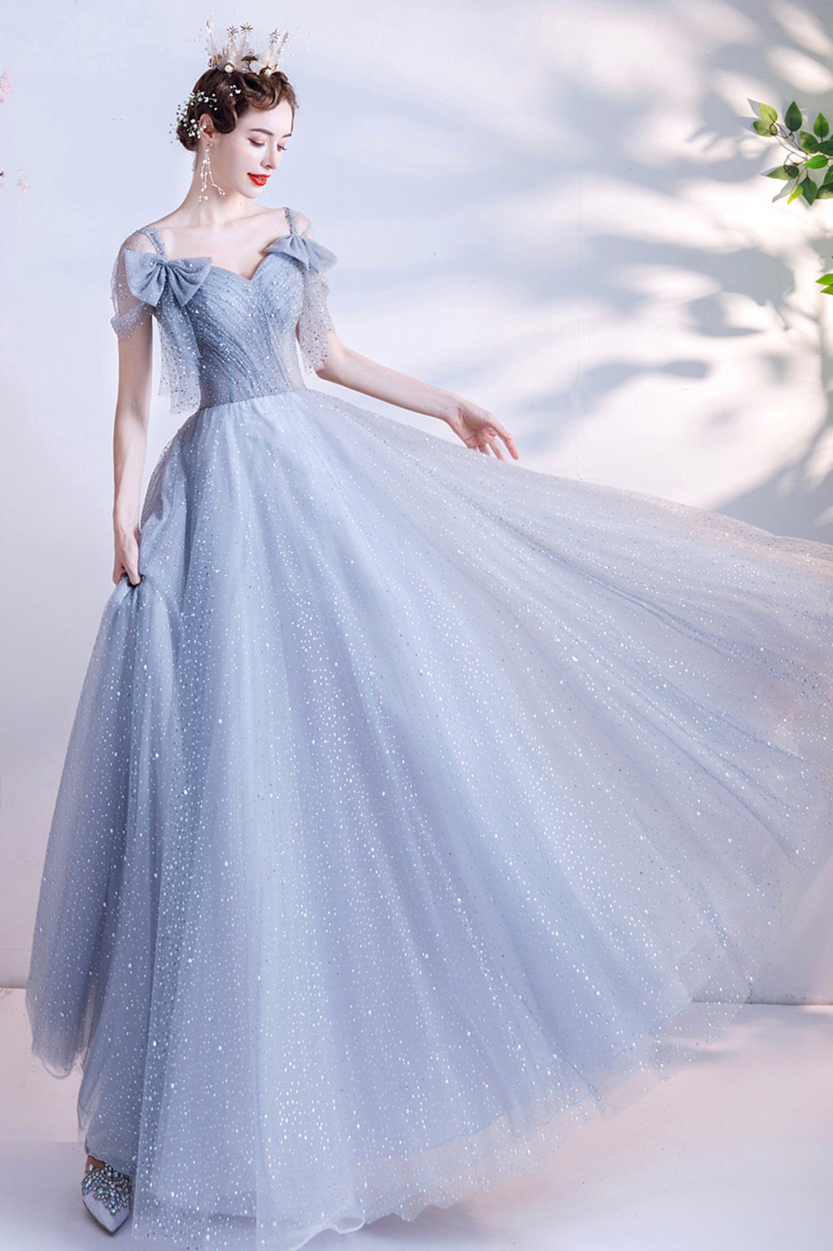 Gray tulle sequins long A line prom dress evening dress 8690