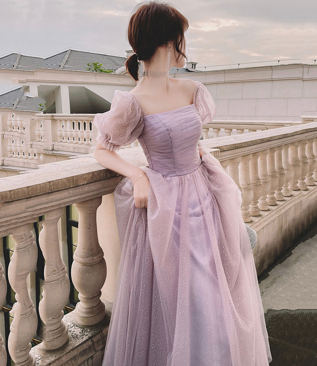 Purple tulle long A line prom dress evening dress 8854