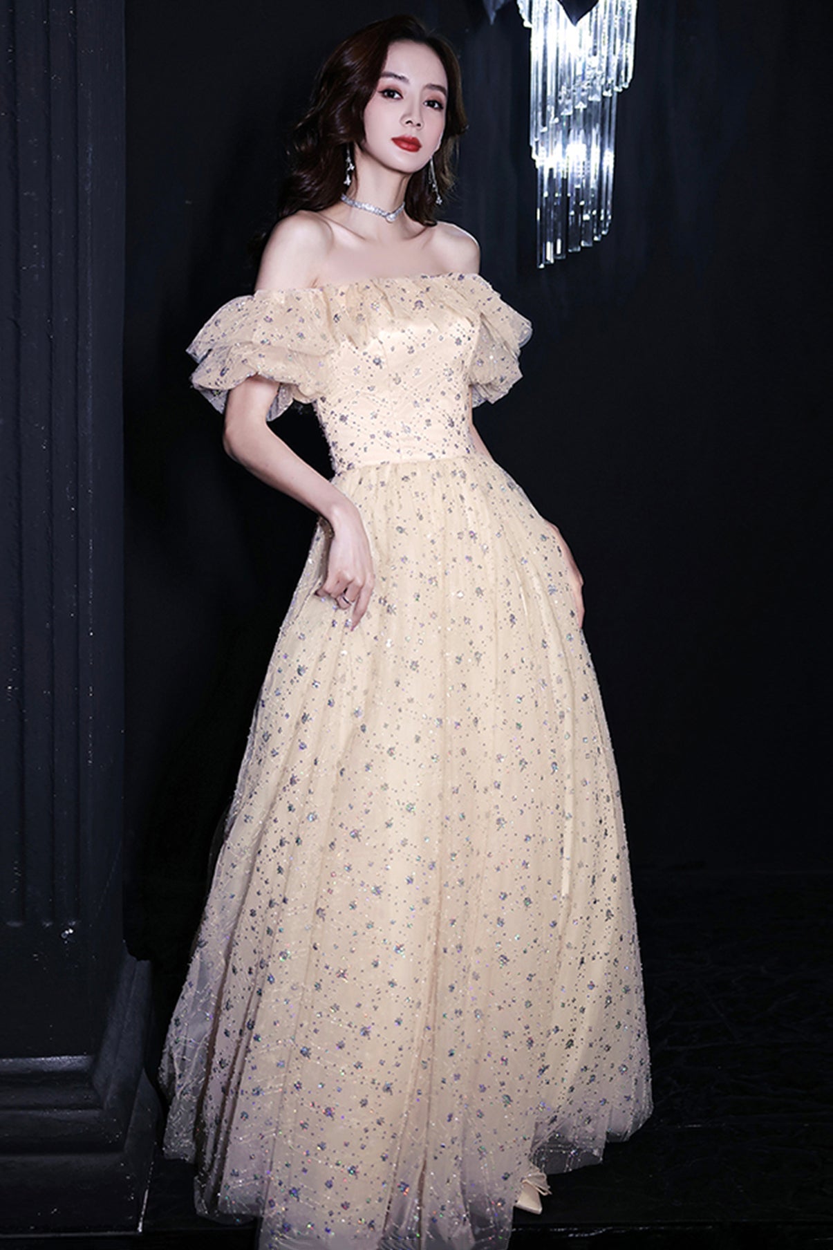 Shiny tulle sequins long A line prom dress evening dress 8715