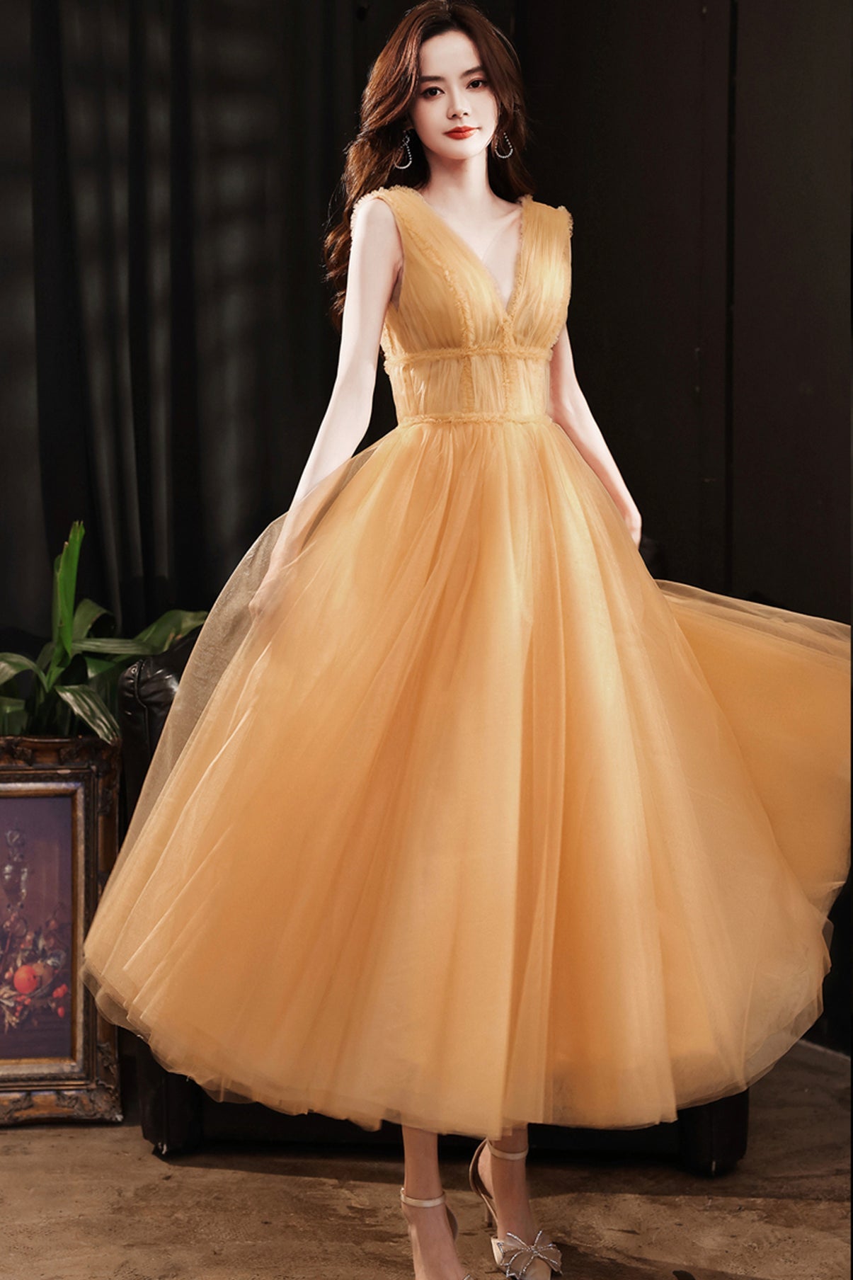 Yellow tulle tea length prom dress evening dress 8780