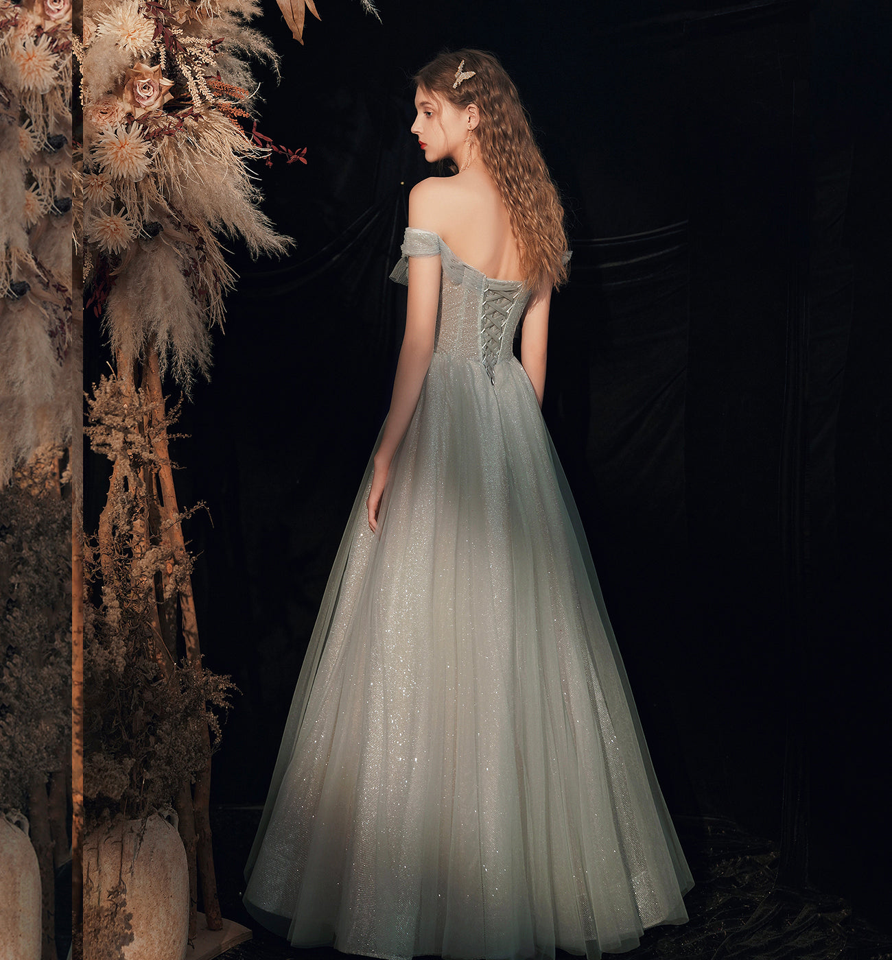 Shiny tulle sequins long prom dress green evening dress 8620