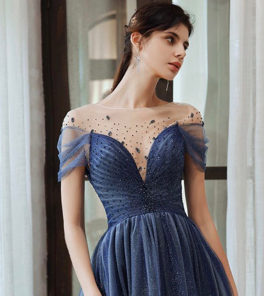 Blue tulle beads long prom dress evening dress 8434