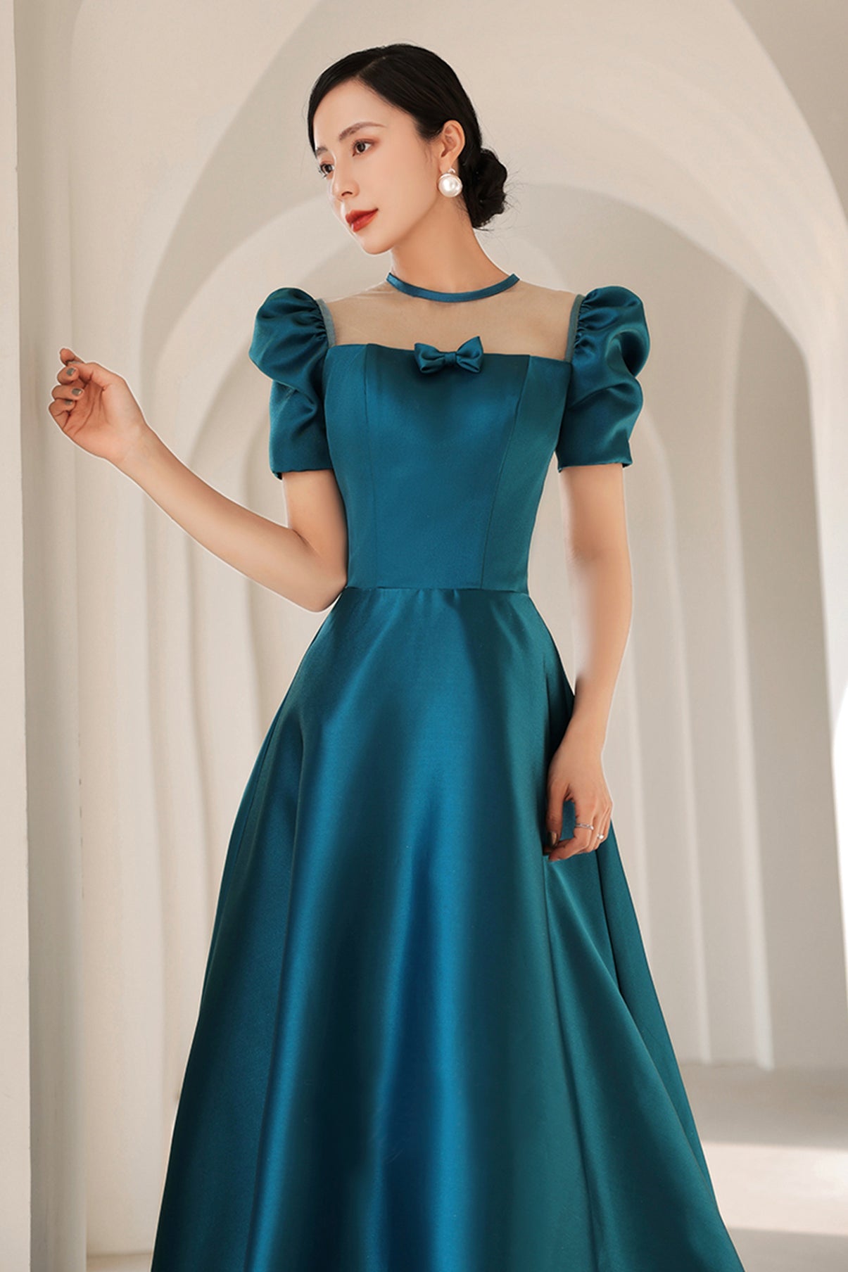 Blue satin long A line prom dress blue evening dress 8784
