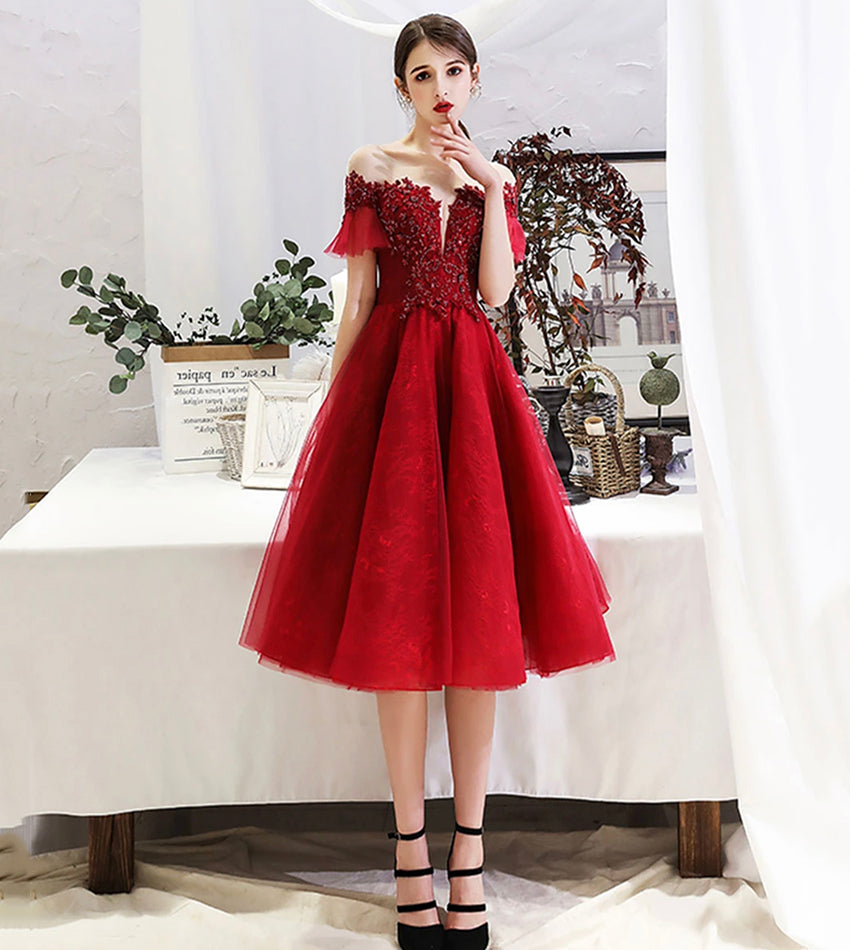 Burgundy lace short prom dress party dress 8527