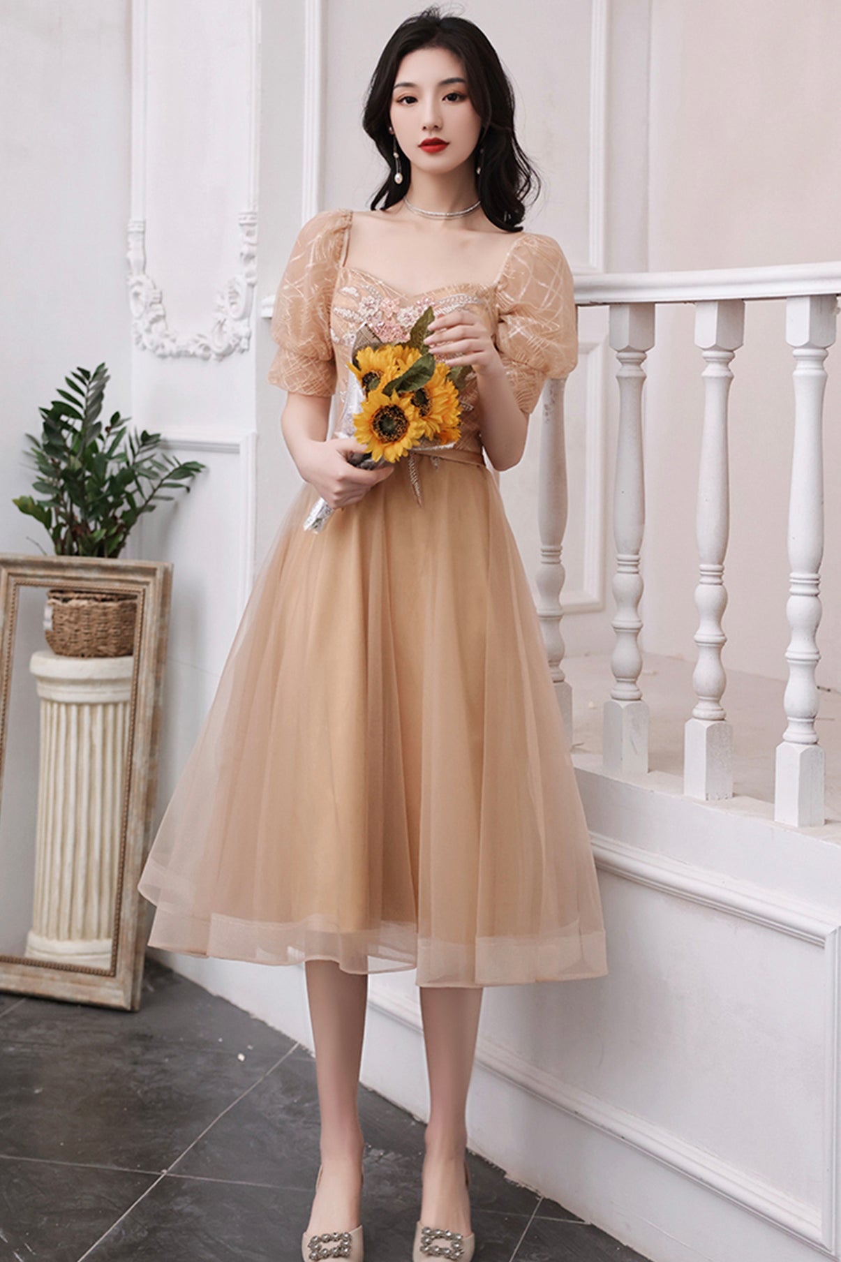 Cute tulle short A line prom dress homecoming dress 8775