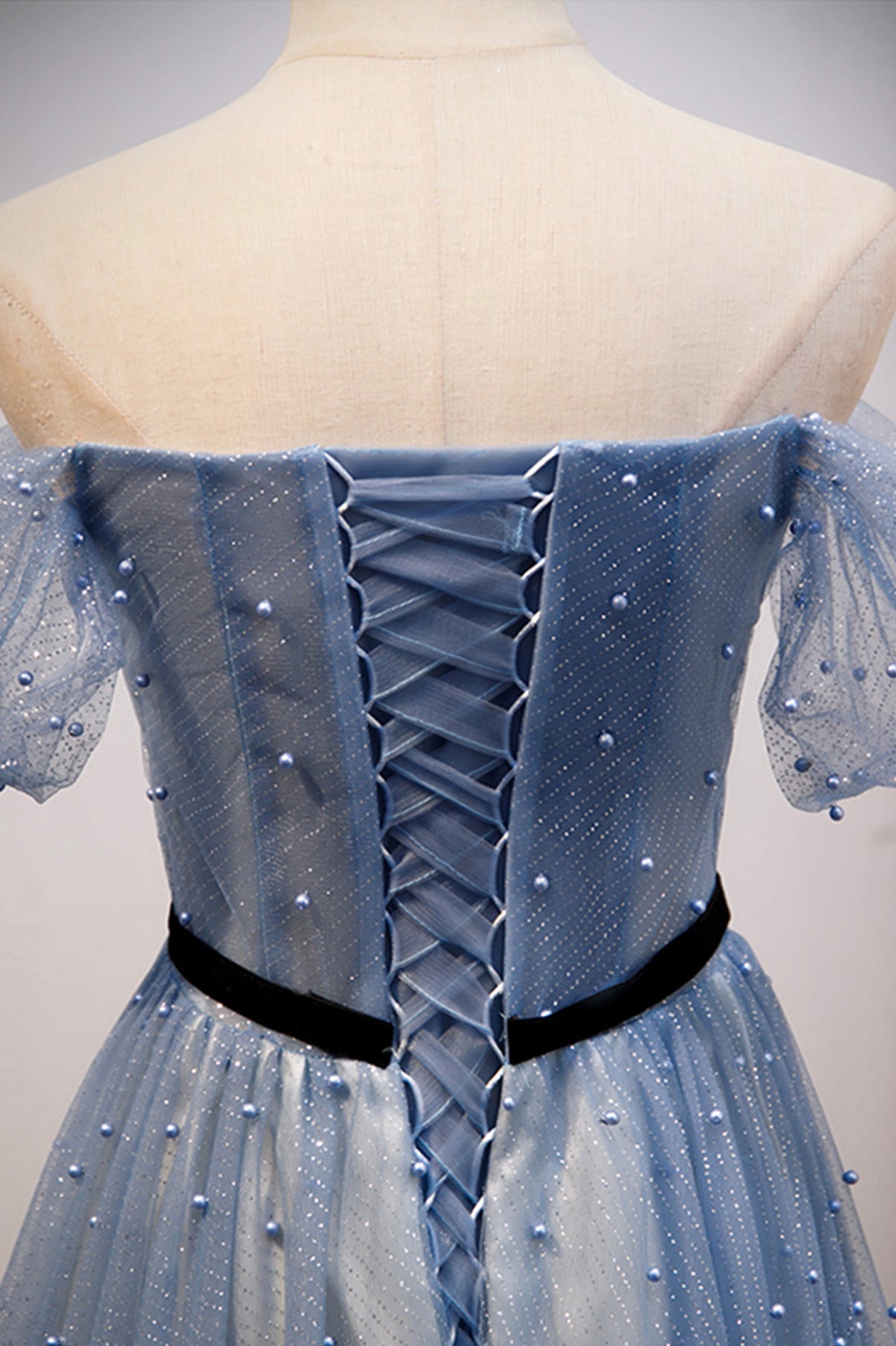 Blue tulle long A line prom dress evening dress 8686