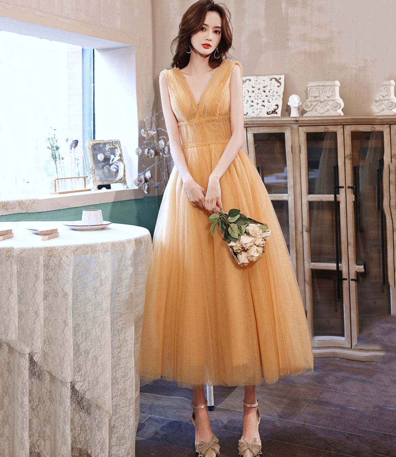 Yellow tulle short A line prom dress yellow evening dress 8933