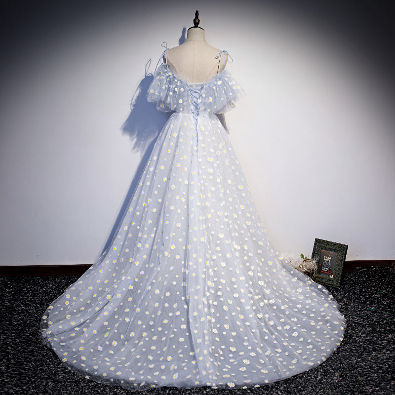 Blue tulle long A line prom dress blue evening ddress 8689