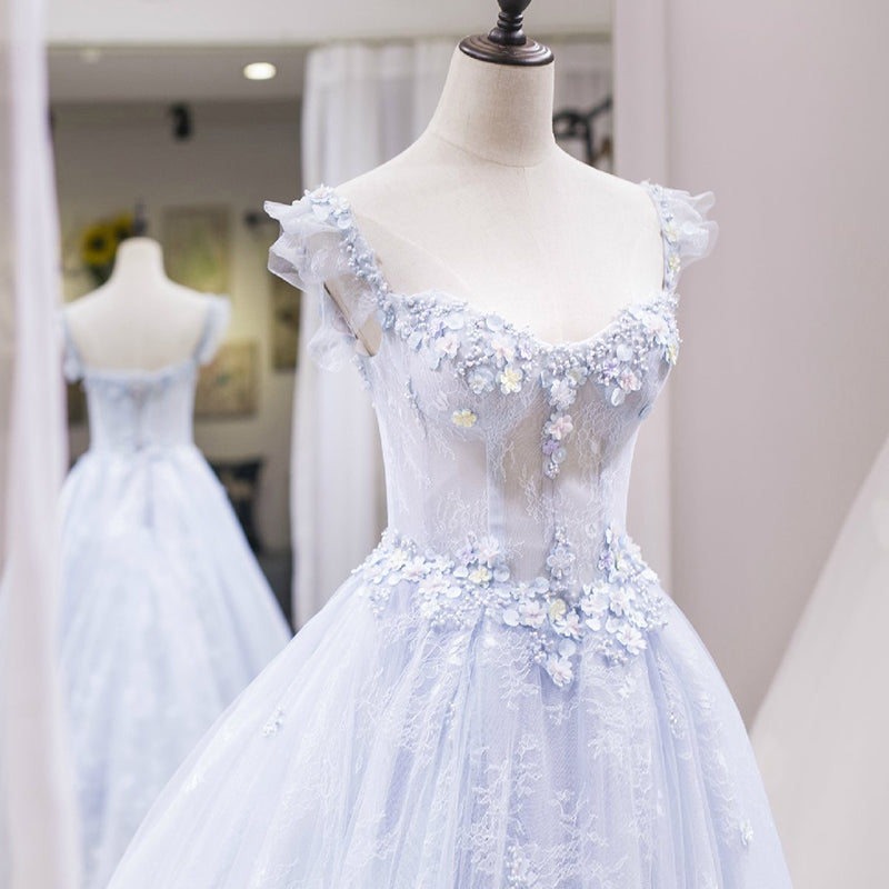 Blue tulle lace long prom dress evening dress 8216