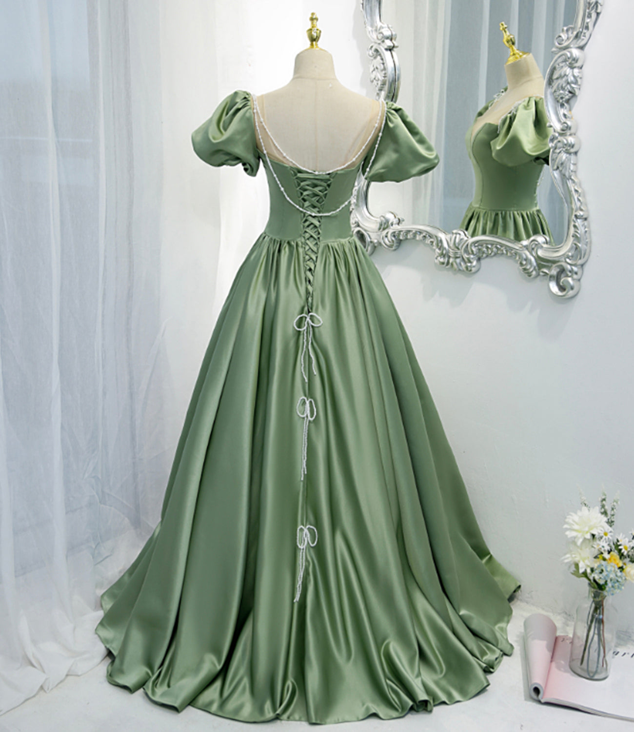 Green satin long A line prom dress green evening dress 8810
