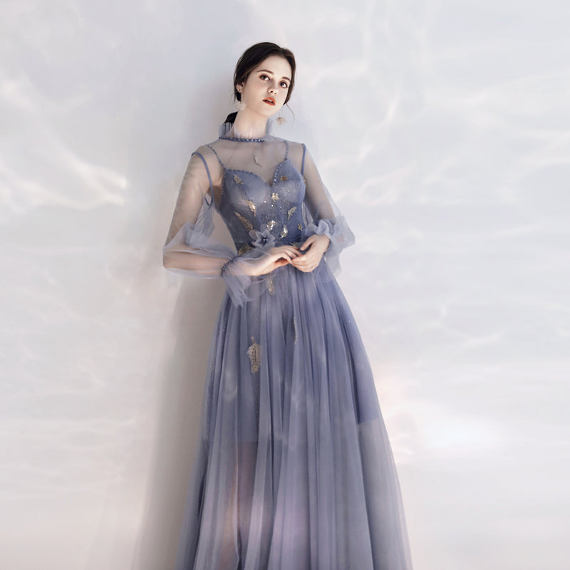Cute tulle long sleeve prom dress 8164