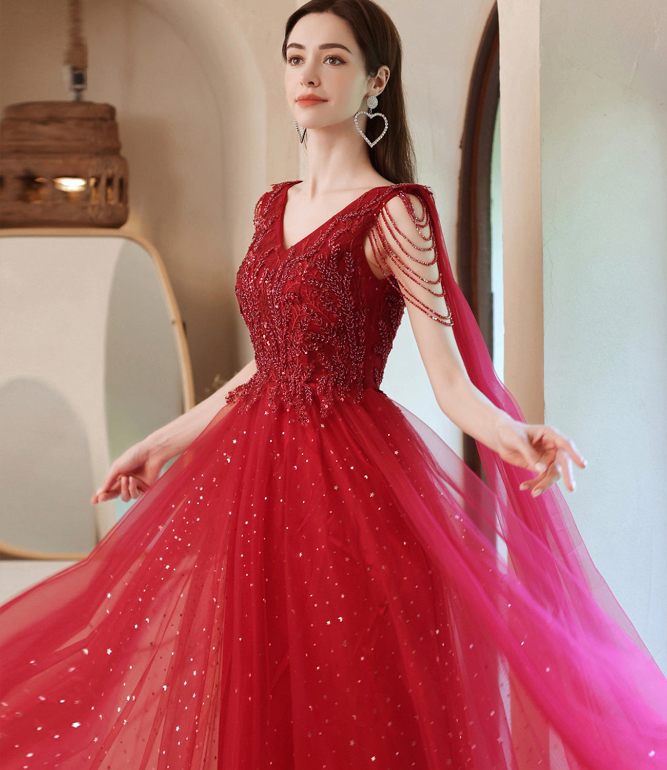 Red tulle beads long A line prom dress evening dress 8794
