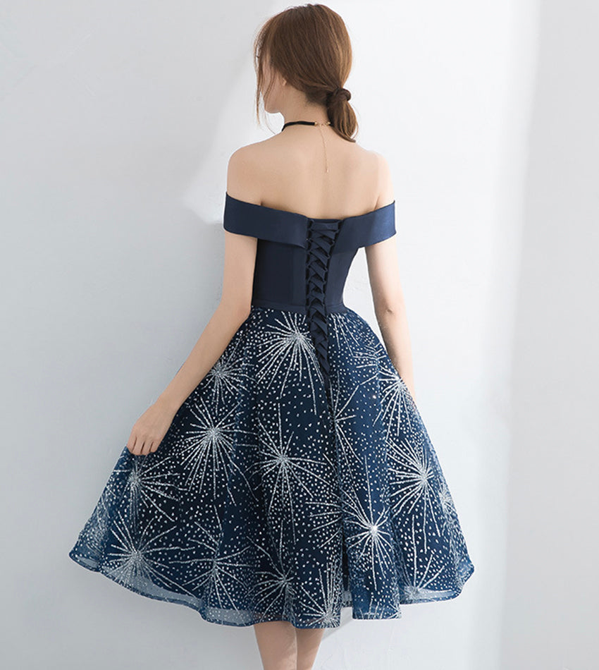 Blue tulle sequins short prom dress party dress 8539