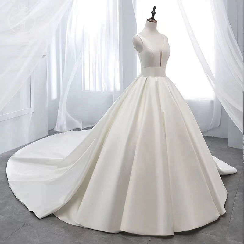 White v neck satin long ball gown dress formal dress 8870