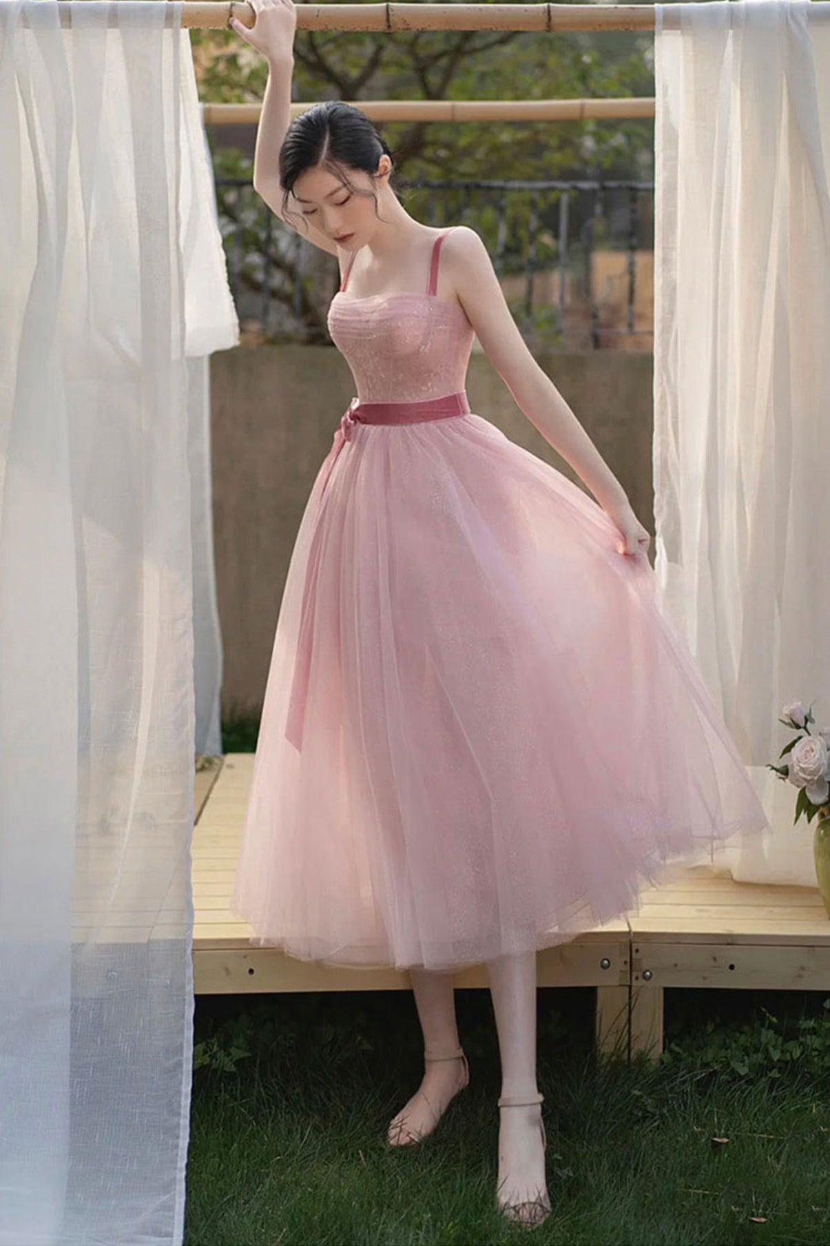Pink tulle short A line prom dress evening dress 8857