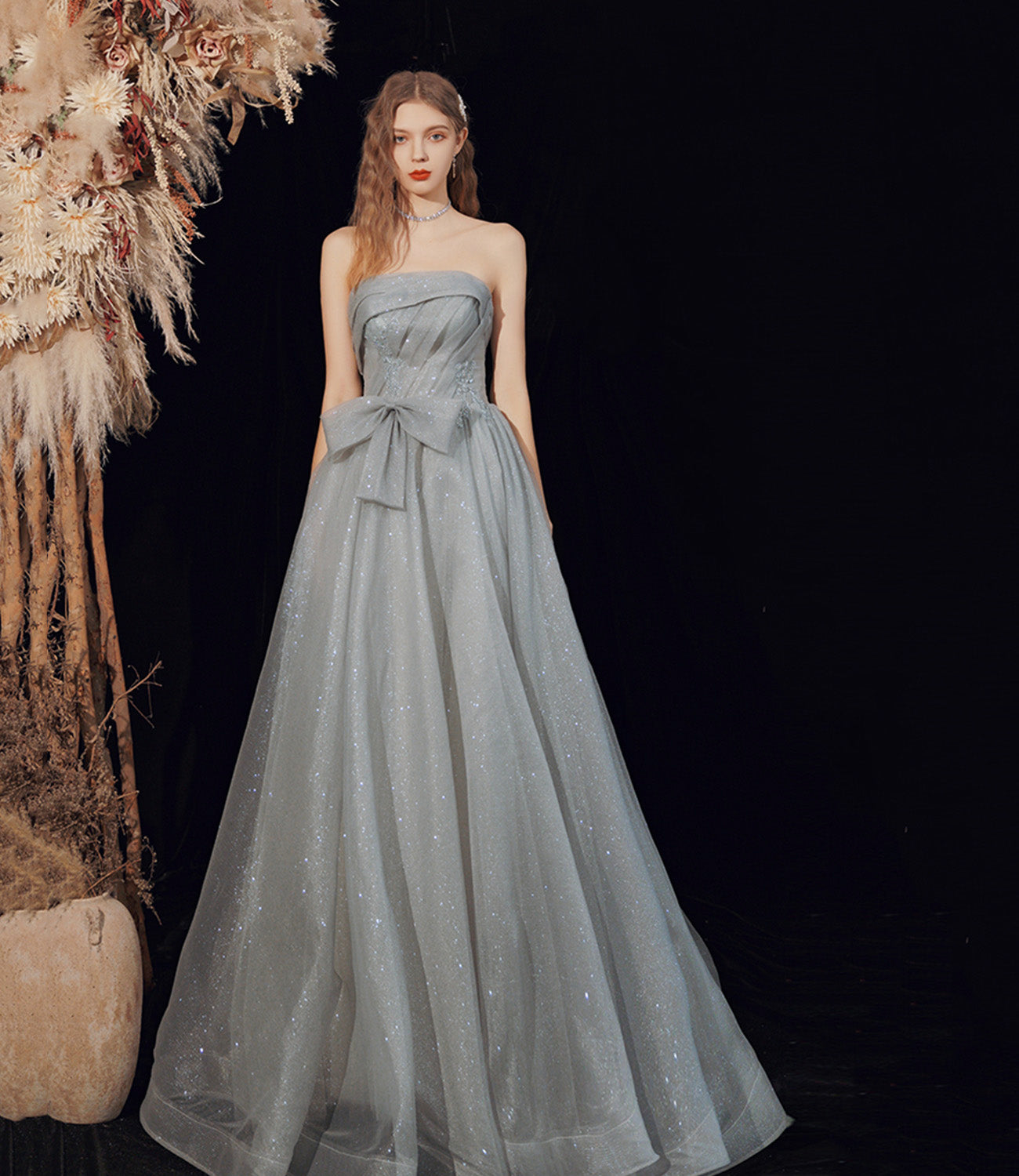Gray tulle long A line prom dress gray evening dress 8792
