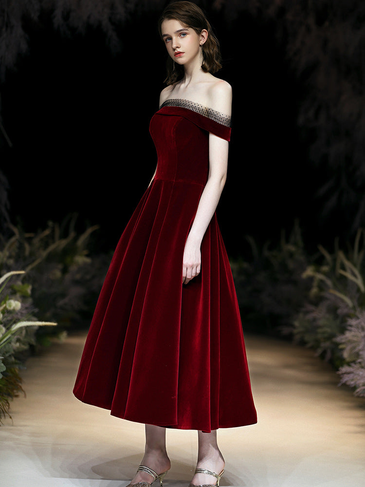 Burgundy velvet short prom dress party dress 8344