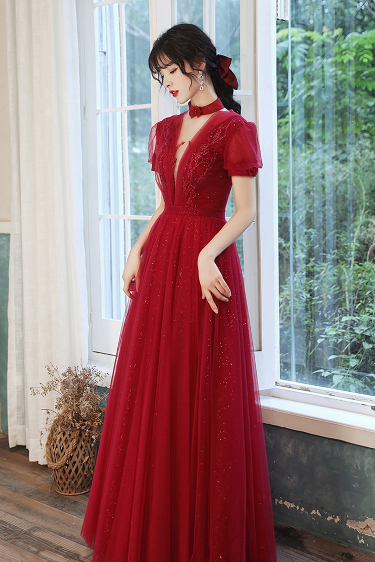 Burgundy tulle long A line prom dress evening dress 8757