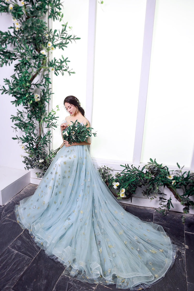 Blue tulle sequins prom dress formal dress 8298