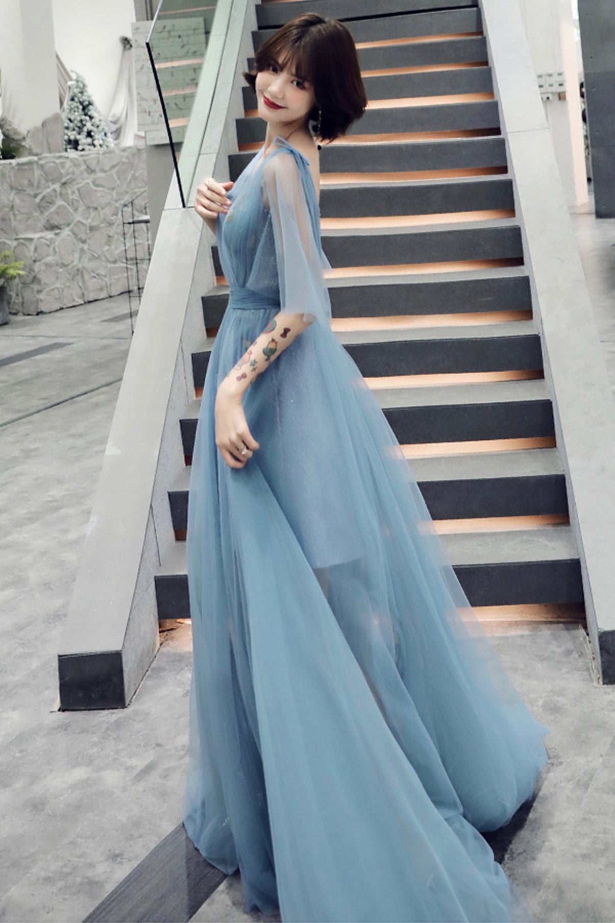 Blue tulle long A line prom dress blue evening dress 8760