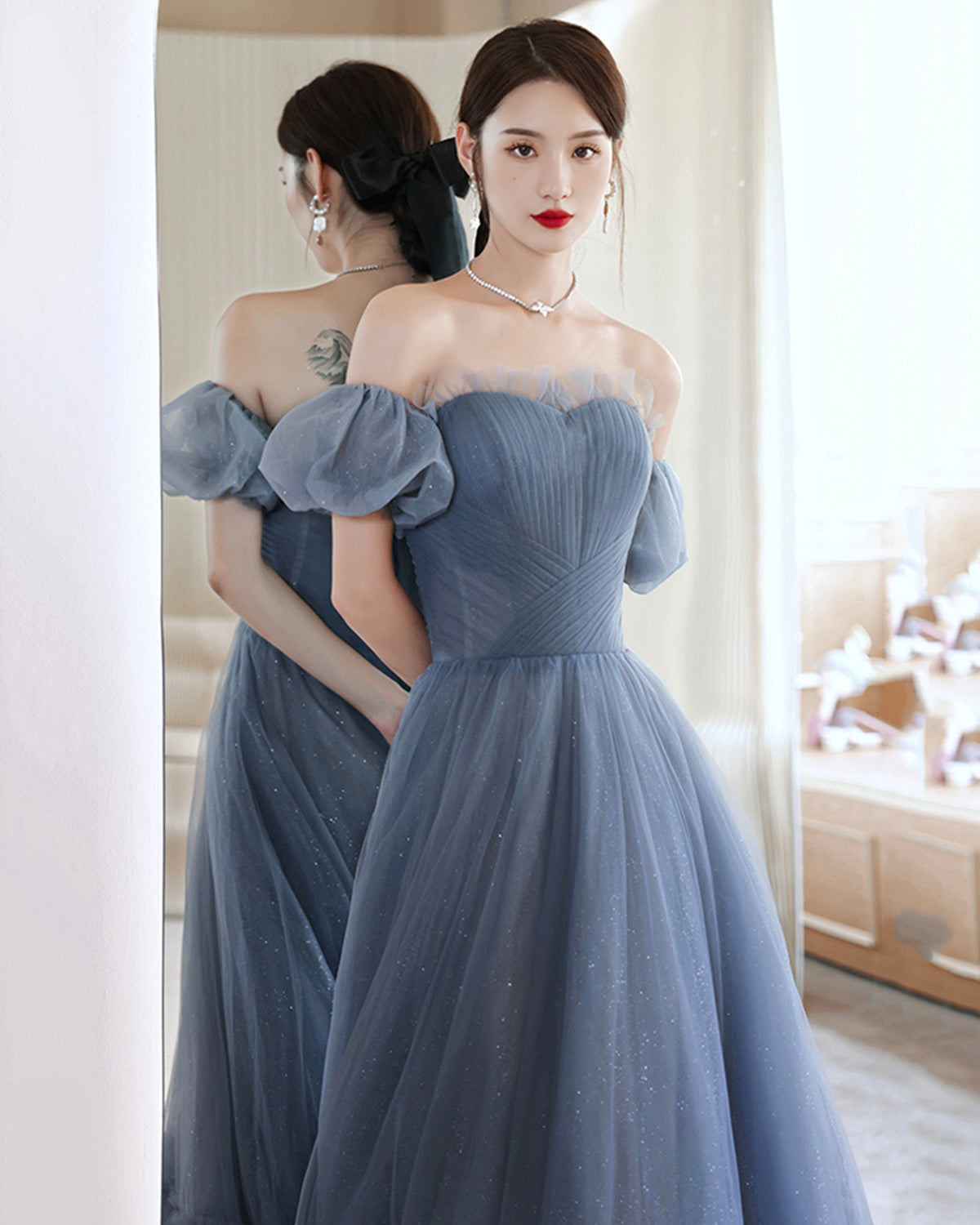 Blue tulle long A line prom dress blue evening dress 8903