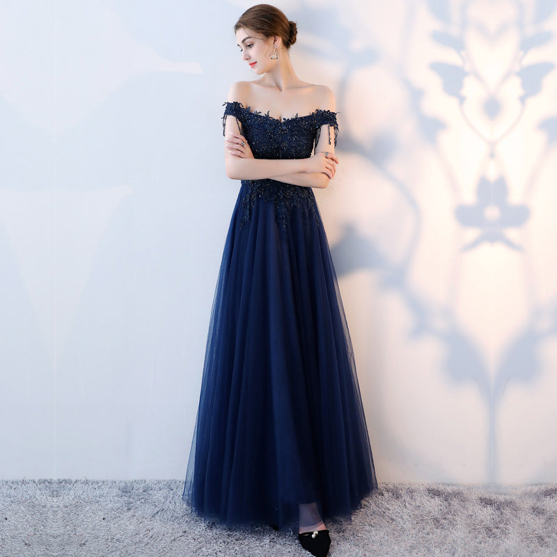 Blue tulle beads long prom dress, blue evening dress 8152
