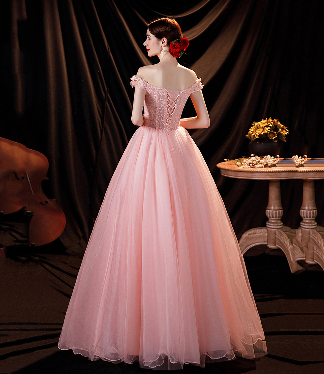 Pink tulle applique long A line prom dress evening dress 8815